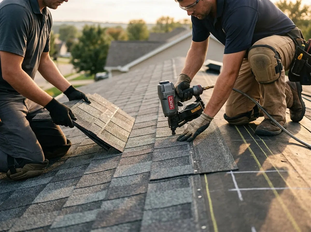 Professional roofer working on a residential roof in Cottleville